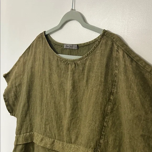 Beau Jours Top Women’s XL Olive Green Linen Lagenlook Boxy Beach - Picture 6 of 14
